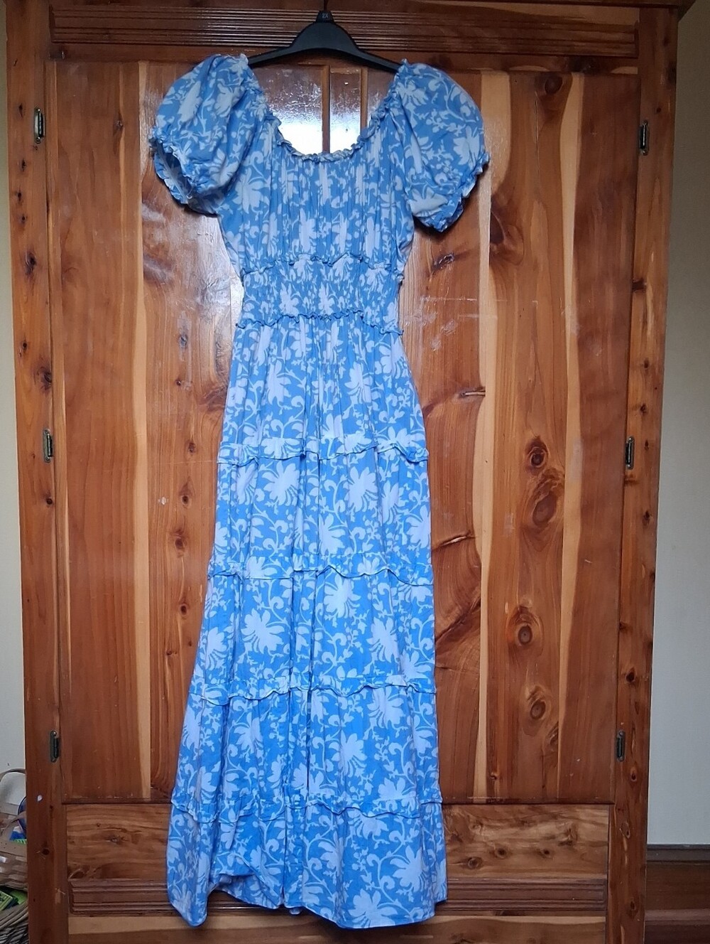 Pink City Prints Cornflower Iris Rah Rah Puff-Sleeve Maxi Dress In XS